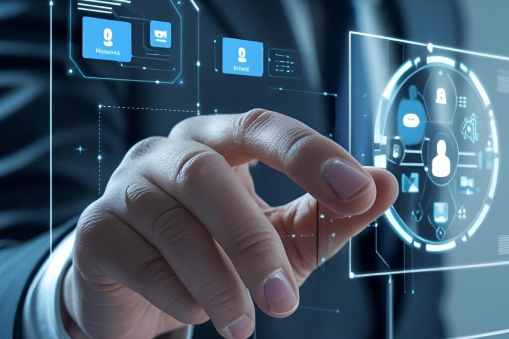 A close-up of a hand interacting with a holographic interface, depicting a seamless, futuristic workflow enabled by AI.top-5-ai-productivity-tools-2025