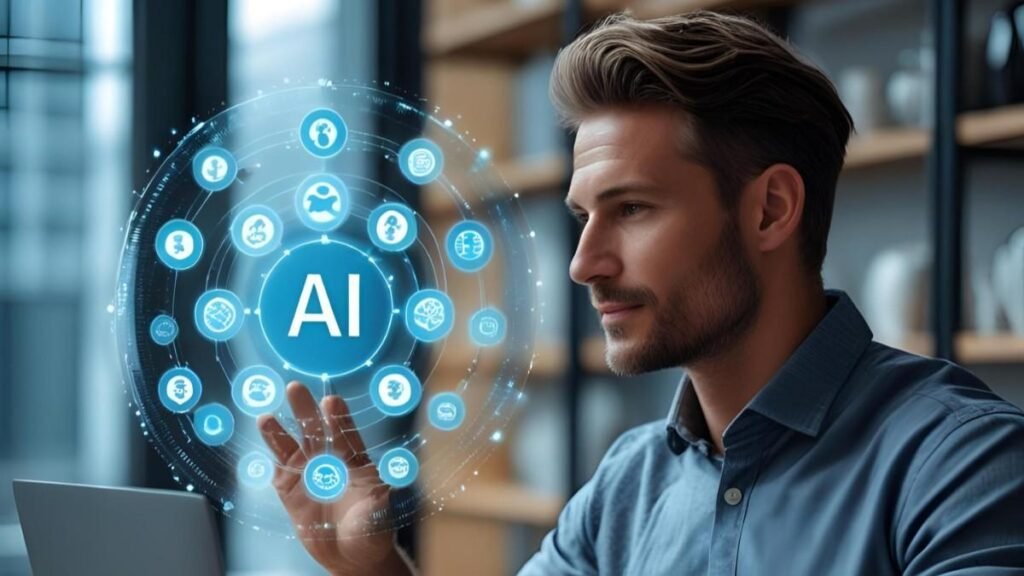 Person using AI productivity tools on a laptop to maximize efficiency in 2025